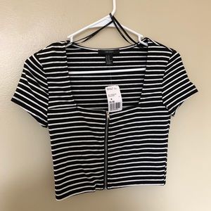 F21 Black and White Striped Crop Top with Zipper